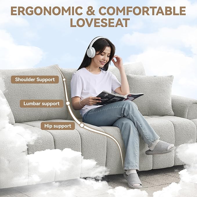 88 Modern Boucle Sofa Couch Oversized Comfy 3 Seater Sherpa Curved Sofas Deep Seat Upholstered Loveseat Teddy Round Arm Couches for Living Room Bedroom Light Grey