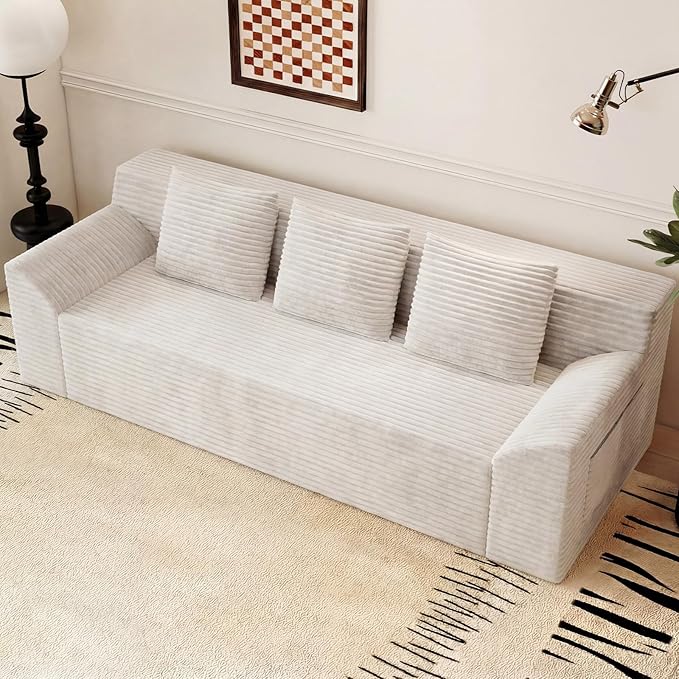71Cloud Loveseat SofaModern 2-Seater Boneless Couch with 3Pillows &amp Side PocketSoft Corduroy LoveseatCompressed FoamDeep SeatNo Assembly for Living RoomBedroomApartment(Tilted Armrest Whi