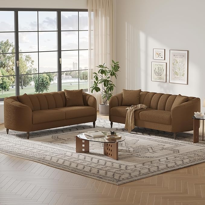 82 Inch Loveseat Sofa Modern Couch and Sofa Curved Petal Design Furniture Sturdy and Easy Installation Small Sofa for Living Room Bedroom Office and Apartment Terry Fleece Fabric Brown