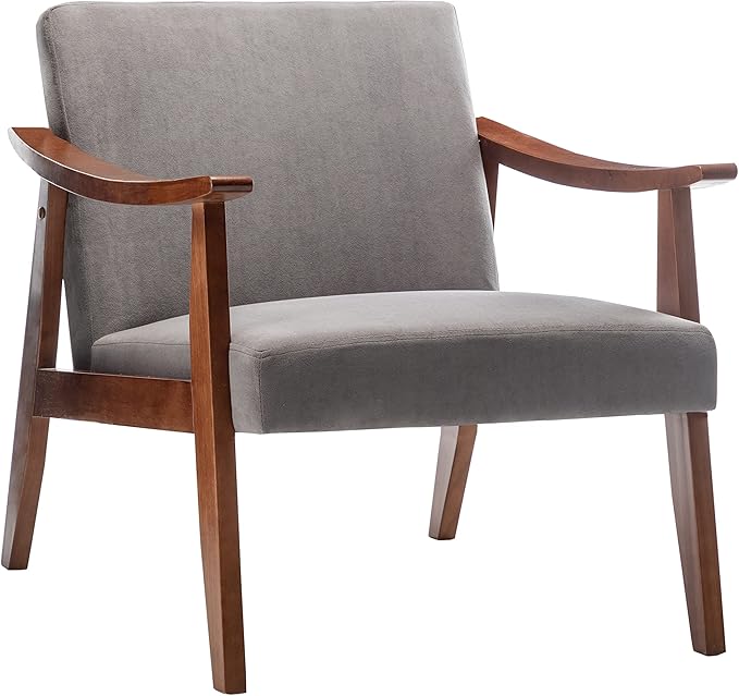 Accent Chair with Velvet Upholstery and Solid Wood Frame Classic Mid-Century Modern Living Room Furniture for Extra Seating Grey