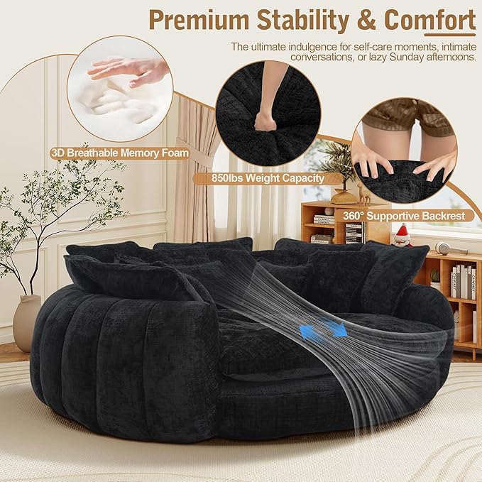82'' Oversized Upholstered Sofa Bed Round Chaise Lounge Chair Indoor Modern Chenille Boneless Couch No Assembly Required Plush Sleeper Chair with 14 Pillows for Living Room Black