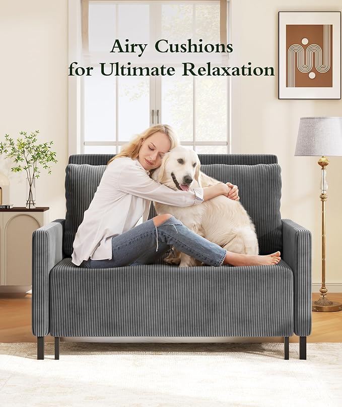 Corduroy Convertible Sofa Bed 47 Loveseat Sleeper Sofa Pull out Couch 618lbs Capacity Modern Sleeper Couch Bed 2 Fluffy Pillows Included Small Couches for Small Spaces/Apartment/Office Grey