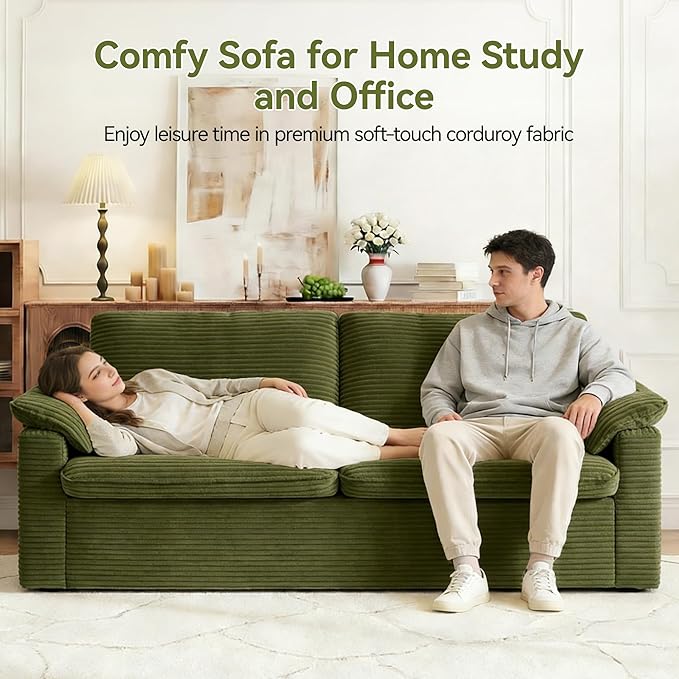 86 Loveseat Sofa Green Corduroy CouchModern Cloud Sofa Love Seat Deep Seat Slipcovered Sofa with 2 Wide Armrest Pillows for Small Spaces Apartment Studio Office Bedroom Living Room