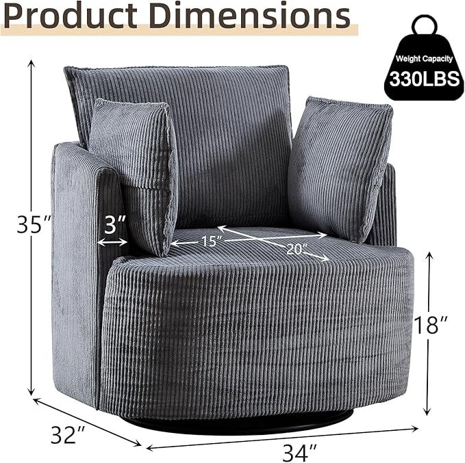 CANMOV Swivel Accent Chair 360°Swivel Barrel Chair with 3 Pillows Comfy Corduroy Round Armchair Single Sofa Chair for Living Room Bedroom Reading Room Dark Grey