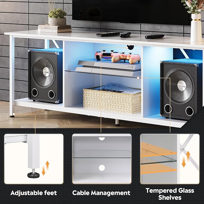 WLIVE Industrial TV Stand with LED Lights for Up to 65 TVs Waterproof &amp Scratch-Resistant Adjustable Shelves Modern Entertainment Center for Living Room White