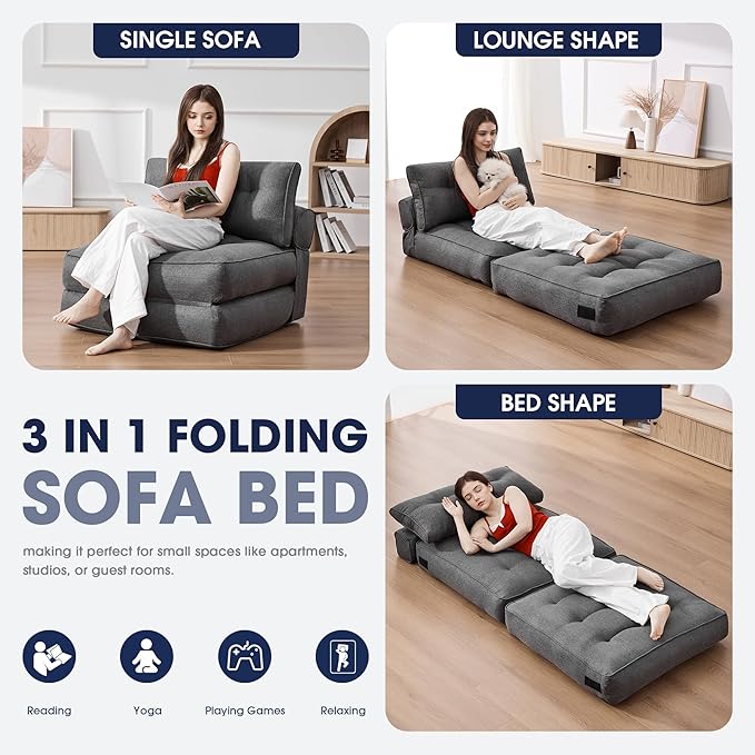 KINGYES Folding Chair Bed 3 in 1 Convertible Sleeper Chair with Pillow Foldable Futon Chair for Living Room Gray