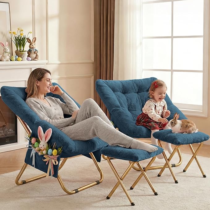 Comfy Saucer Chair Foldable Living Room Chairs Soft Faux Fur Lounge Chair for Bedroom Reading Chairs for Adults Teens X-Large (Blue Grey)