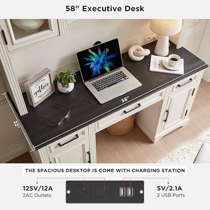 JXQTLINGMU Farmhouse 76 Height Computer Desk with Hutch Office Desk with Charging Station Drawers and Storage Cabinet Workstation for Office Home Off White