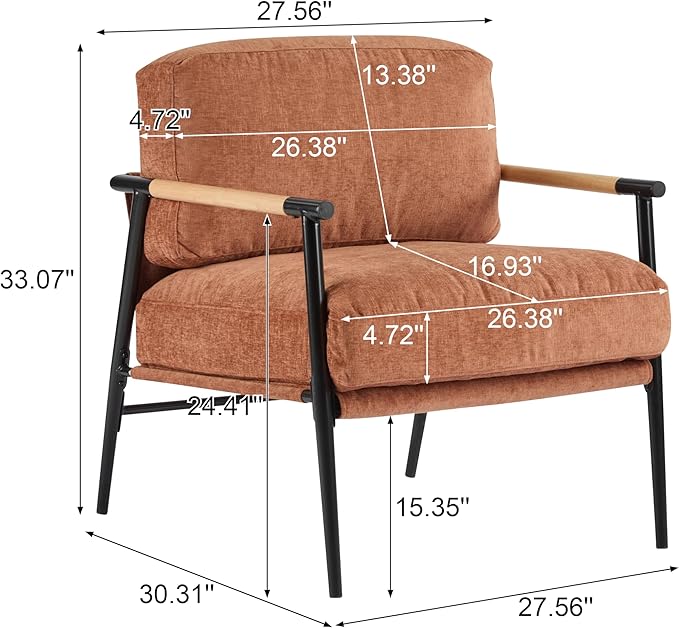 Modern Accent Chair Lounge Arm Chair Upholstered Armchair with Plush Cushions Single Chairs with Metal FrameWooden Armrest - Perfect for OfficeLiving RoomBedroomOrange