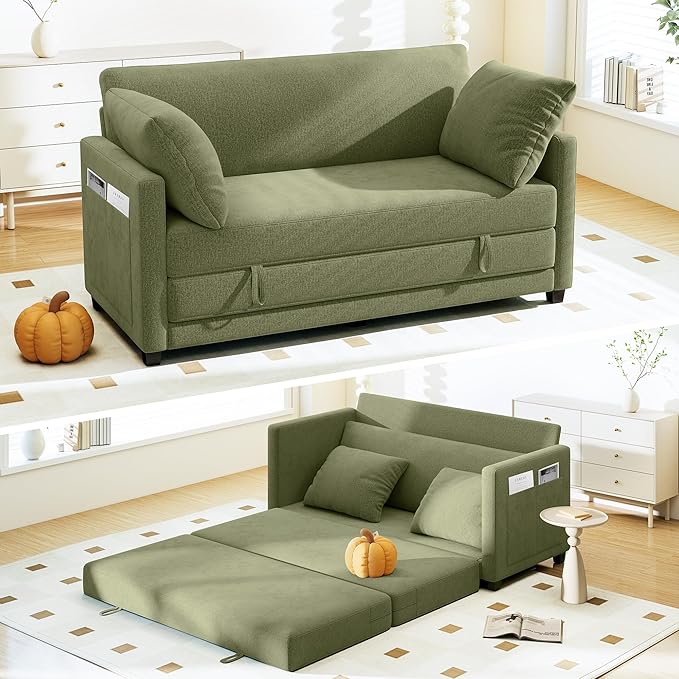 65 Convertible Loveseat Sofa Bed 2 in1 Folding Sofa Bed Loveseat Sleeper Sofa for Small Spaces Fold Out Floor Couch with 2 Pillows for Apartment Office &amp Guest Room (Green Chenille 65 inch)