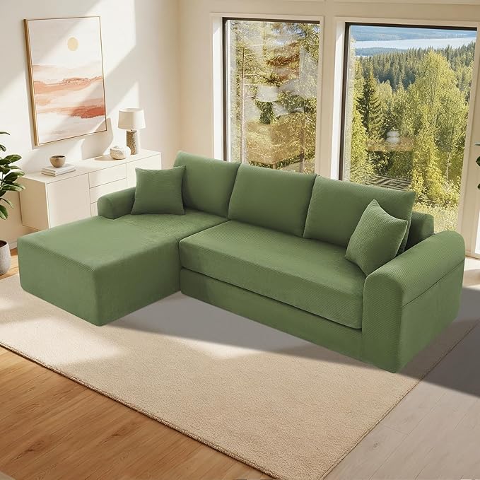 KBQ Modular Sectional Couch in a Box 103 L Shaped Boneless Cloud Couch with Deep Seat Convertible Sofa Bed for Living Room Bedroom Apartments No Assembly Required Green Left Facing Chaise