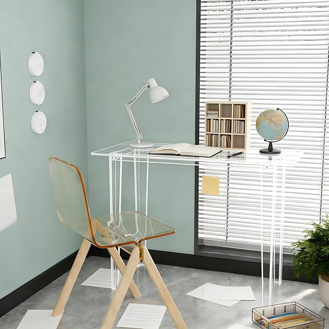 Acrylic Desk - Clear Acrylic Table Modern Home Office Study Table Extended Surface Multi-Purpose Console Sturdy Lightweight Workstation for Small Spaces (Transparent-L)