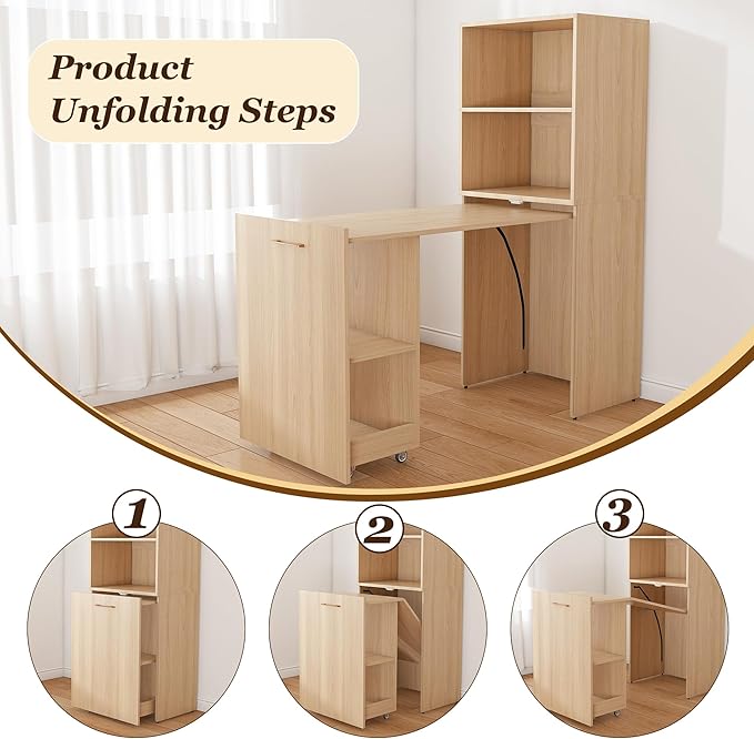 Natural Foldable Office Desk Fold Out Convertible Hidden Murphy Computer Desk with Storage Shelves Multi-Function Folding Writing Table for for Small Spaces Home Office