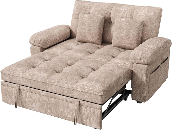 Keyluv 59” Loveseat Sleeper Sofa with USB Ports &amp Side Pockets 3 in 1 Convertible Sofa Bed for Living Room/RVs/Camper Pull Out Couch with Adjustable Backrest Chenille Khaki
