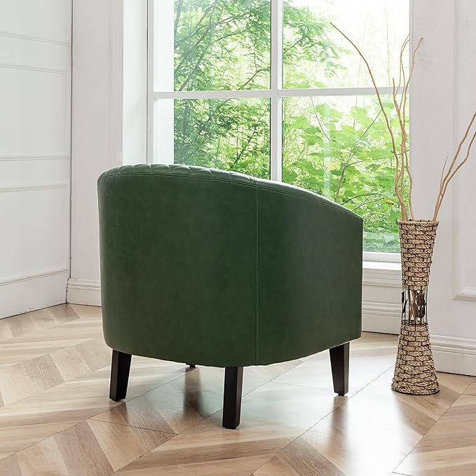 KINWELL 29 W Modern Faux Vegan Leather Barrel Chair PU Upholstered Tufted Accent Club Chairs with Nailhead Trim Small Armchair for Living Room Bedroom Apartment Lounge Nursery Green