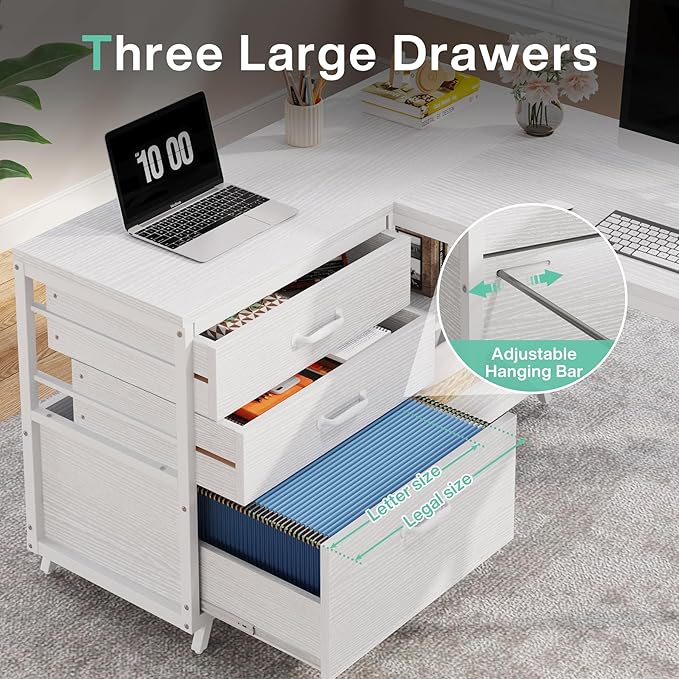 Tribesigns L-Shaped Computer Desk with 3 Drawers Reversible Corner Home Office Desk with Shelves 53-Inch Industrial PC Desk Study Writing Table Workstation for Small Space White
