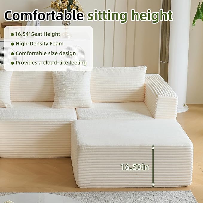 110 Modular Sectional Couch with 2 Movable Ottoman Cloud Sofa Couches for Living Room U Shaped Deep Seat Boneless SofaLuxury Corduroy Fabric No Assembly Required White