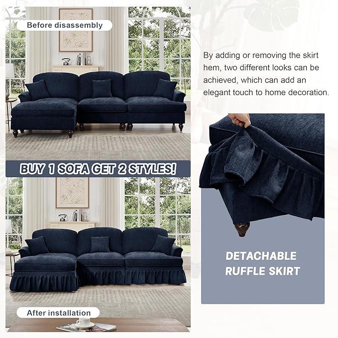 2 Piece Modular Sectional Couch Living Room Sofa Set 3 Seater+2 Seater Loveseat Sofa Sets for ApartmentRemovable Ruffles Pleats SkirtsBlue