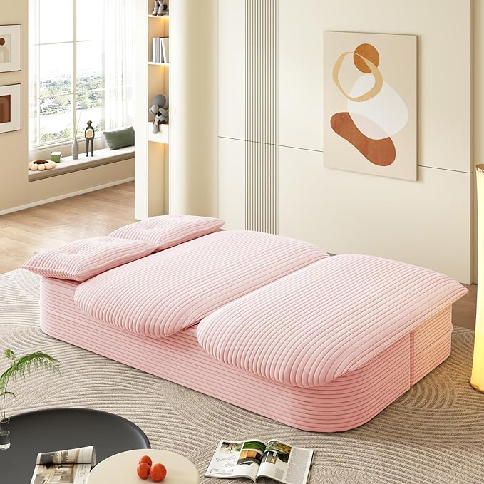 78.7 Full Size Boneless Couch Bed Plush Corduroy Memory Foam Floor Sofa with Multi Functional Blanket 2 in 1Convertible Sleeper Sofa Bed for Living Room Offices Apartment No Assembly (Pink)