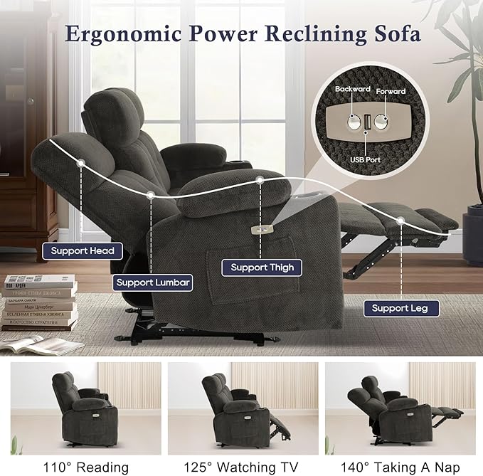80'' Power Reclining Sofa with Heat and Massage Electric Reclining Couch with Extended Footrest Wall Hugger 3-Seater Recliner Sofa with USB Ports Cup Holders for Living Room