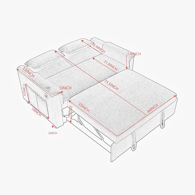 Sofa Bed Pull Out Couch with Side Pockets 3 in 1 Velvet Loveseat Sleeper Sofas Beds with USB Ports Sofa Bed Couch with Adjustable Backrest for Living Room Bedroom Apartment Orange