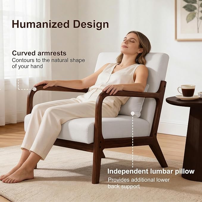 Mid Century Accent Chair Comfy Arm Chair with Solid Wood Frame Upholstered Modern Chair for Living Room Bedroom Waiting Room Beige