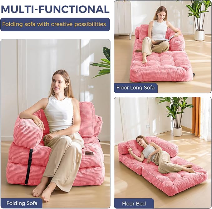 MAXYOYO Folding Sofa Bed L-Shaped Convertible Sofa with Armrest Foldable Sleeper with Pillow Portable Fold Out Chair Bed Comfy Floor Lounge for Living Room Bedroom Pink