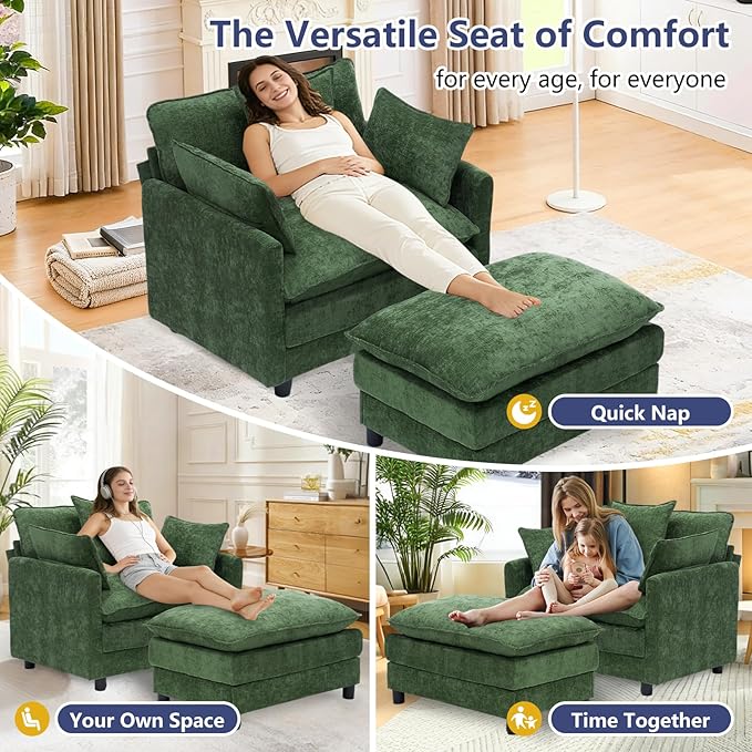 cinkehome Oversized Accent Chair with Ottoman Comfy Upholstered Armchair with Deep Seat Overstuffed Lounge Chair for Living Room Reading Nook (Green Chenille)