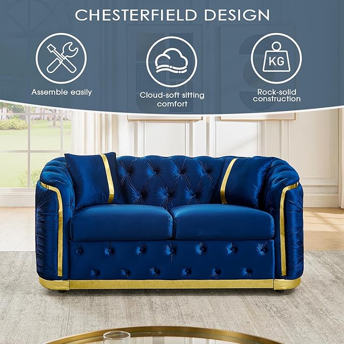 62.6 Mid Century Modern Loveseat Chesterfield Sofa Couch Blue and Gold Couch Velvet Button Tufted Luxury Couches for Living Room with Golden Decor &amp 2 Pillows Navy Blue | StainlessSteel Decor