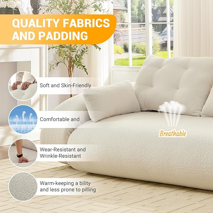 78.7 Convertible Folding Sofa Bed Queen Sleeper Sofa with Pillow Modern Teddy Fabric Futon Loveseat Couch High-Density Memory Foam Mattress for Living Room Guest Use Office Apartment White