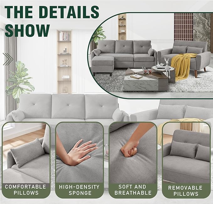 Convertible Sectional Sofa Set 77 Small L Shaped 3 Seat Couch with Ottoman and 48 Loveseat Modern Sofa Couches for Living Room Light Grey