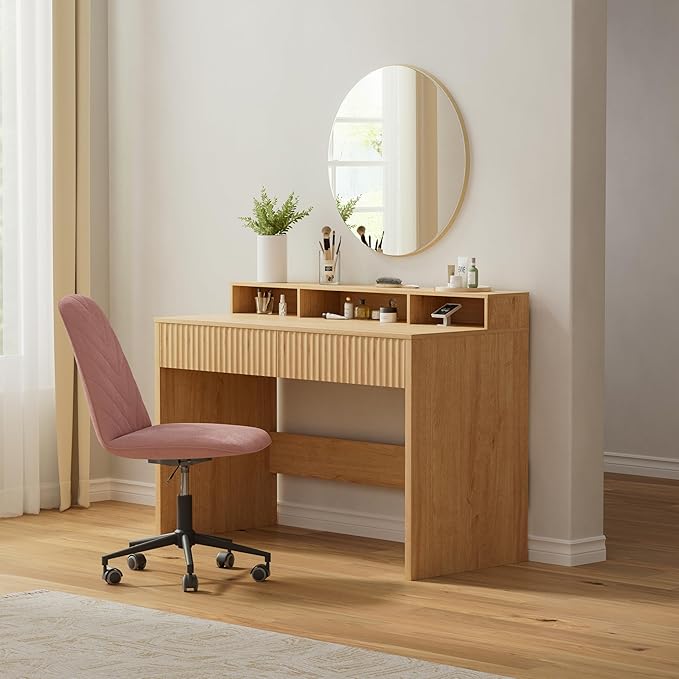 47 Fluted Office Desk with Storage Shelf Modern Wood Executive Desk with Long Monitor Stand &amp 2 Drawers Home Writing Study Computer Table Vanity Desk Natural Oak