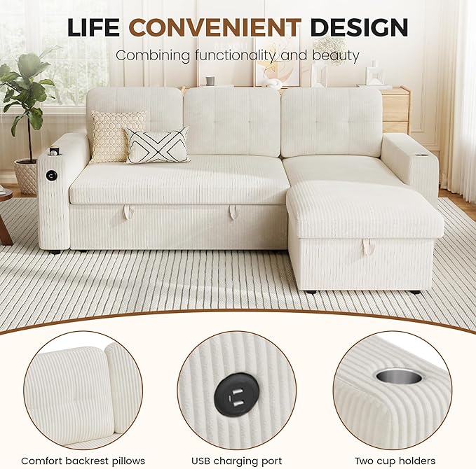83'' Pull Out Sofa Bed 2 in 1 Convertible Sleeper Sofa Couch with Storage Chaise &amp USB Charging Comfy Corduroy Modular Couches for Living Room ApartmentBeige 1 PCS