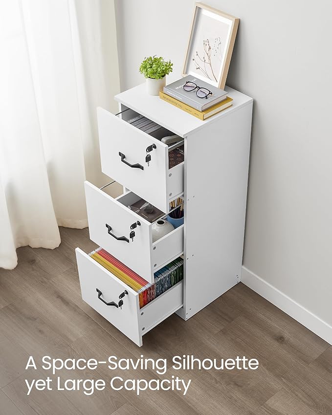 VASAGLE 3-Drawer Vertical File Cabinet Filing Cabinet for Home Office Printer Stand with 3 Lockable Drawers Adjustable Hanging Rail for A4 and Letter-Size Files Cloud White UOFC055W14