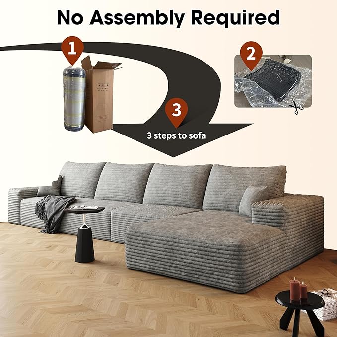 135 Corduroy Couch Sectional with Chaise L Shape Boneless Cloud Couches for Living Room Bedroom Fluffy Deep Seat Compression Sofa Modular Corner Couch No Assembly Right Facing Chaise Grey