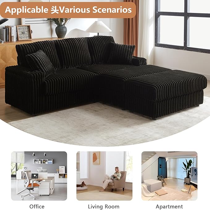 Aoowow 84 Corduroy Oversized 3-seater sofa with 2 Ottomans Modular Sectional Deep Seat Sofa with Back and Toss Pillows Modern Comfy Sofa with 2 Storage Spaces and Cup Grooves for Living Room Black