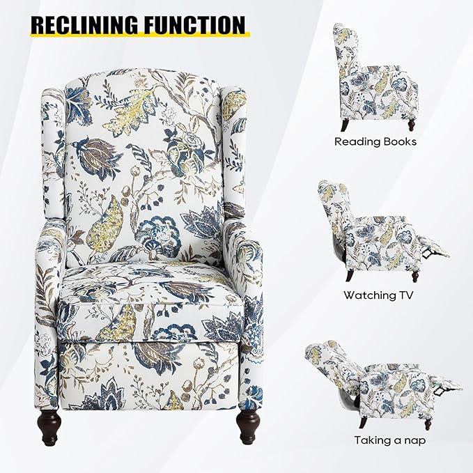 Wingback Recliner Chair Traditional Push Back Recliner Chair with Padded Seat Upholstered Wingback Chair Mid Century Modern Floral Recliner for Living Room(2 Blue Floral)