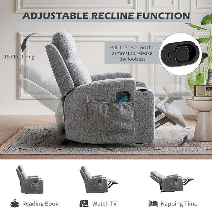 1PCS Fabric Manual Recliner Chair for Adults Comfy Reclining Chairs with Overstuffed Arm and Back Single Sofa for Living Room (1 Fabric Light Grey)