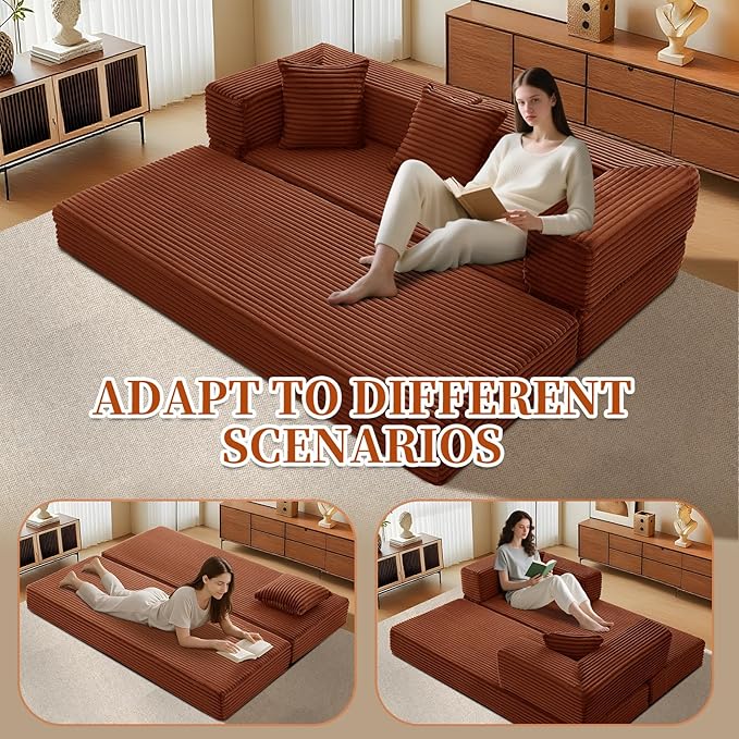 KBQ 3-Seat Convertible Sleeper Sofa Bed with 3 Pillows Boneless Sofa in a Box Corduroy Folding Mattress Couch Floor Sofa Lounge Couch for Living Room Bedroom Lounge Orange