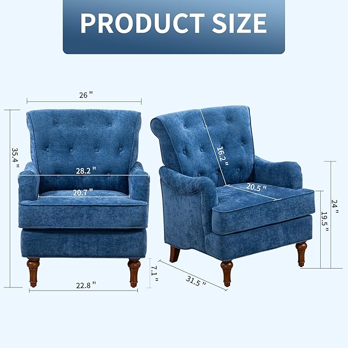 Retro Accent Armchair with Spring Cushions &amp Ergonomic Design - Chenille Upholstered Living Room Chair Removable Padding Solid Wood Legs for Bedroom Office - 300lbs Weight Capacity (Blue)