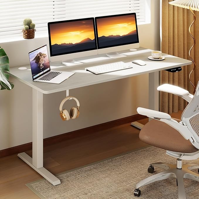 Tangkula Universal Wood Table Top 55” x 28” Solid One-Piece Desktop for Standard &amp Sit to Stand Desk Frame Rectangular Workbench Top Board with Cable Holes Countertop DIY Coffee Bar Tabletop