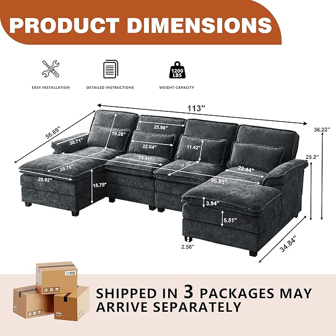 113 Oversized Cloud Couch U Shape Sectional 4 Seat Sofa with Double Chaises 2 Layer Cusions Deep Seat Comfy Sofa Upholstery Chenille Fabric for Living Room Dark Grey