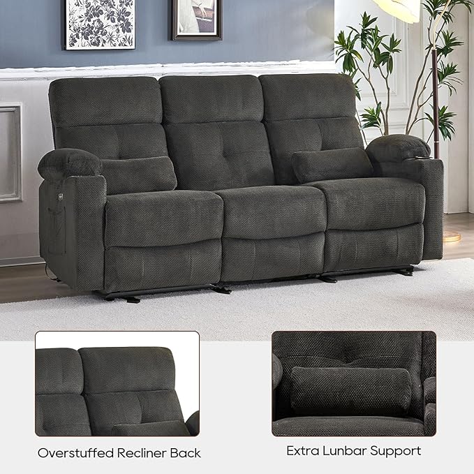 Power Reclining Sofa with Heat and Massage Electric Reclining Couch with Extended Footrest Wall Hugger Recliner Sofa 3 Seater with USB&ampType-c Ports for Living Room Bedroom(Grey)