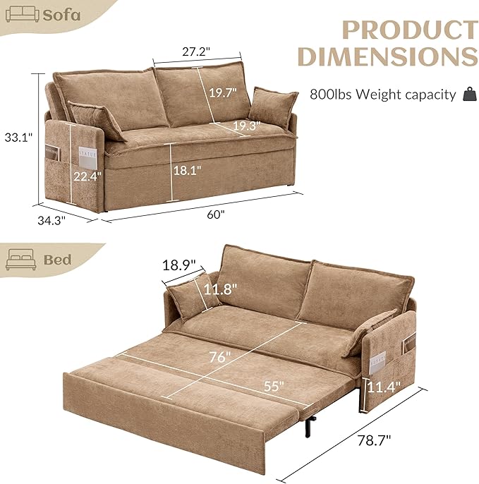 SUNWAVE 60 Queen Pull Out Sofa Bed - Convertible Sleeper Sofa Bed Chenille Loveseat Pull Out Couch with USB Charging Side Pockets for Living Room Bedroom Small Spaces (Brown 60)