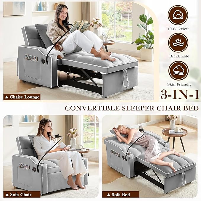 3-in-1 Convertible Sleeper Sofa Bed Chair with Cup Holders &amp Phone Holder Futon Chair Bed with Pull Out Couch Adjustable Backrest Modern Velvet Chaise Lounge for Living Room Bedroom (Grey 35.43
