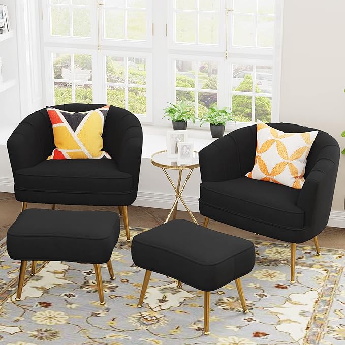 Velvet Accent Chairs with Ottoman for Living Room Bedroom Office Leisure Upholstered Single Sofa Chair Arm Chair Comfy Chair Reading Club Coffee Chair with Metal Legs Black