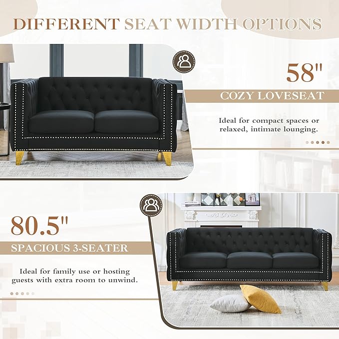 2 Piece Chesterfield Sofa Comfy Velvet Tufted Mid Century Modern Couch Set Cloud Futon Loveseat Gold Legs &amp Nailhead Deep Seat Sofas for Living Room Office (Black Couch and Loveseat Set of 2)