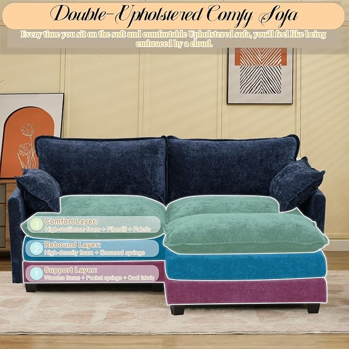 Modular Sectional Cloud Couch 2 Seat Convertible Sectional Couches Sofa with Ottoman Convertible L-Shape Cloud Sectionals Couches for Living Room Apartment Blue