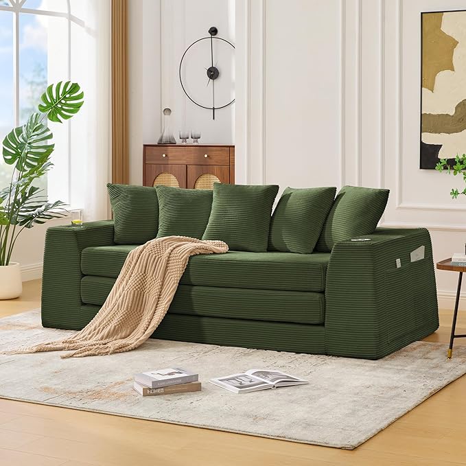 KEIKI 82 Corduroy Modular Sectional Sofa Bed with 5 Pillows &amp 2 Side Pocket &amp 2 Cup Holders Convertible 3-Seater Sleeper Couch with Memory Foam Cushion No Assembly Required for Living Room