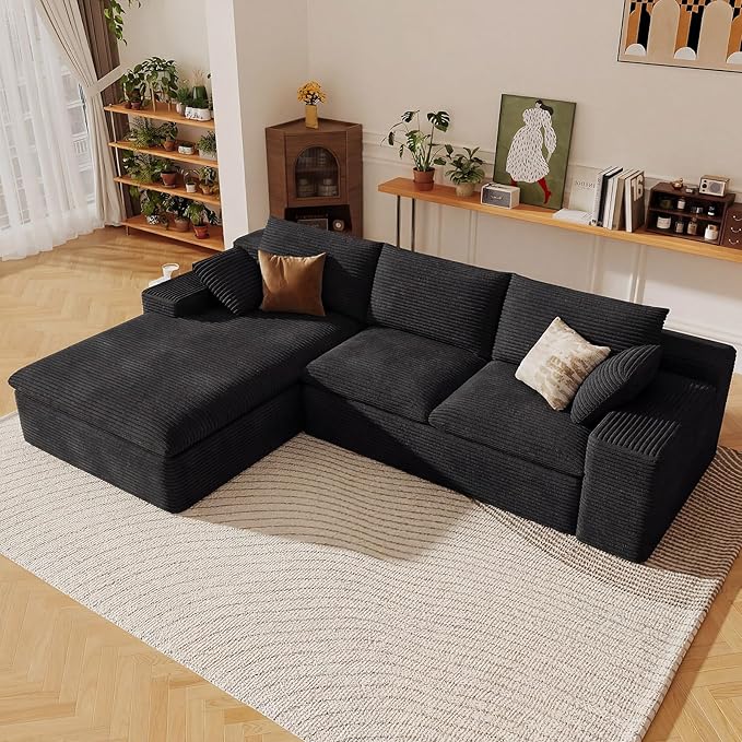 107 Cloud Sectional Couch with L-Shape Chaise Modern Corduroy Viral Boneless Sofa for Living RoomMemory Foam Couches in a Box with Deep SeatNo Assembly Required (BlackLeft-Facing Chaise)